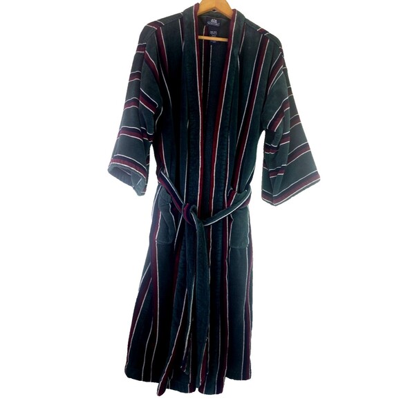 Vintage Stafford Bath Robe OS Mens Green Striped Thick Terry Cloth Belted Cotton - Picture 2 of 13